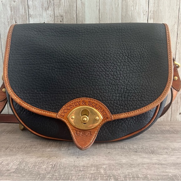 Dooney & Bourke Vintage Navy and Brown Leather Crossbody Satchel Bag - Picture 1 of 9